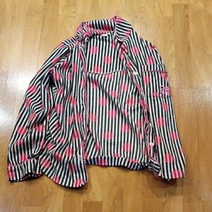 Dkny Black & White Striped Pajama Top with Pink Polka Dots